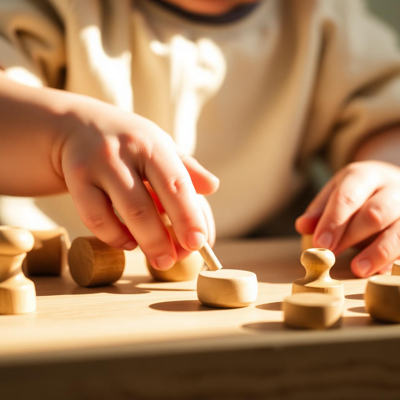 Mãos de uma criança brincando com peças de madeira