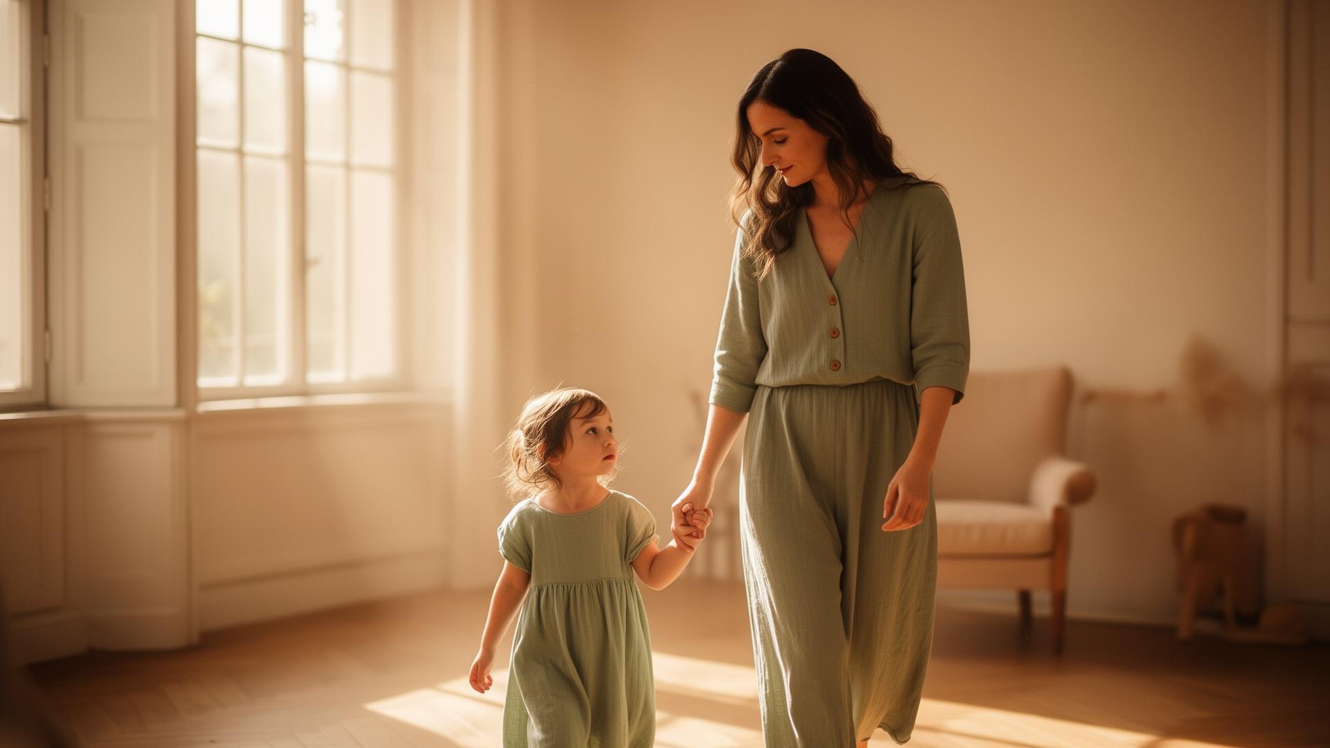 Mãe e filha caminhando juntas em uma sala iluminada