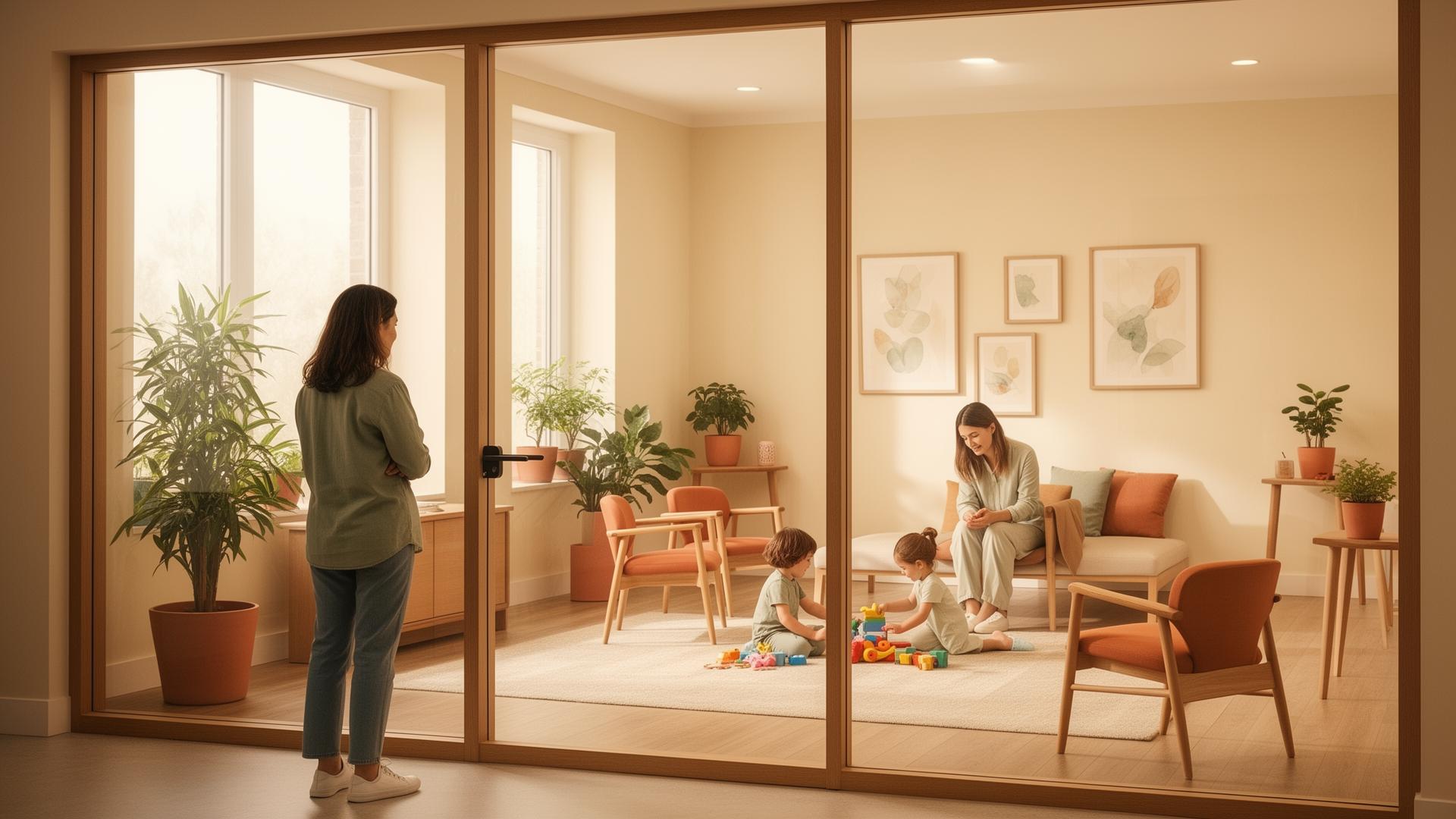 Mãe observando sessão de terapia através de sala com paredes de vidro